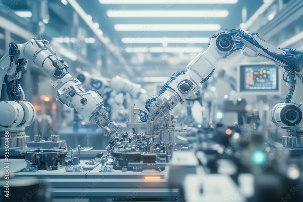 Innovative industrial robots operate in a modern factory, showcasing advanced technology and automation in manufacturing processes. Innovative industrial robots operate in a modern factory, showcasing advanced technology and automation in manufacturing processes.