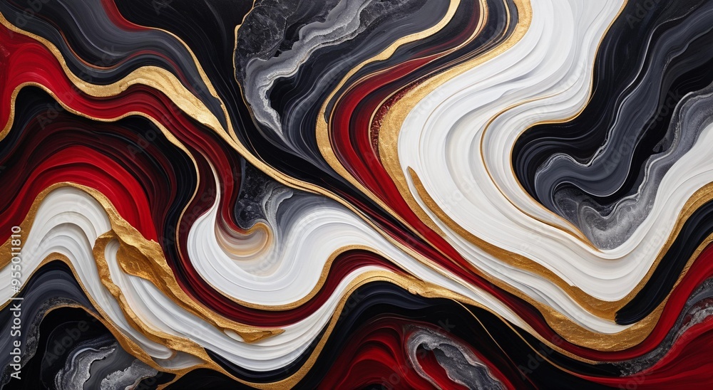 Black white red gold fluid waves. Mixing liquid paint effect. Abstract premium pattern. Epoxy texture background with golden veins. Relief acrylic surface backdrop. Design for banner, interior poster. Black white red gold fluid waves. Mixing liquid paint effect. Abstract premium pattern. Epoxy texture background with golden veins. Relief acrylic surface backdrop. Design for banner, interior poster.