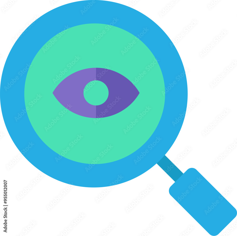 Vector magnifying glass with an eye in the middle in a colorful flat style. Exploration and research symbol. The icon is suitable for web design, online shop, print, and social media posts. Business e Vector magnifying glass with an eye in the middle in a colorful flat style. Exploration and research symbol. The icon is suitable for web design, online shop, print, and social media posts. Business e