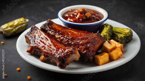 classic american dish barbecue ribs isolated on a aesthetic plate, concept for advertisement photo