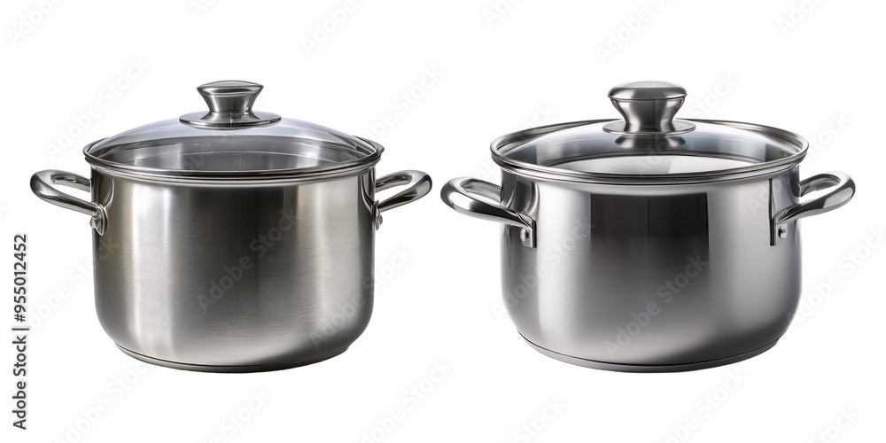 stainless steel pots isolated, two pots with lids that say the lid on the bottom. stainless steel pots isolated, two pots with lids that say the lid on the bottom.