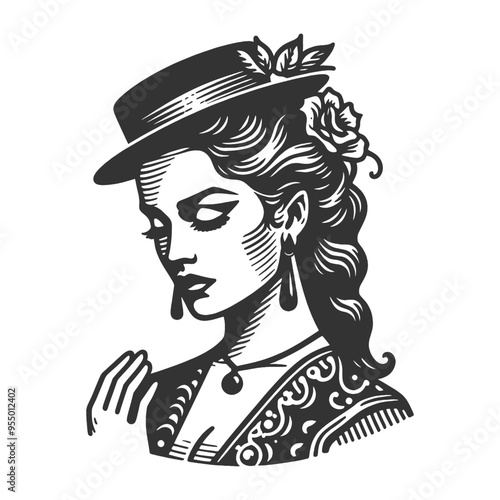 Fado singer Latina woman, traditional hat, graceful and poised expression sketch engraving generative ai fictional character vector illustration. Scratch board imitation. Black and white image.