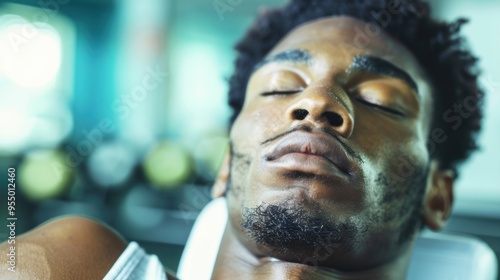 A young man is sleeping comfortably on a gym bench, recuperating from his workout while surrounded by gym equipment