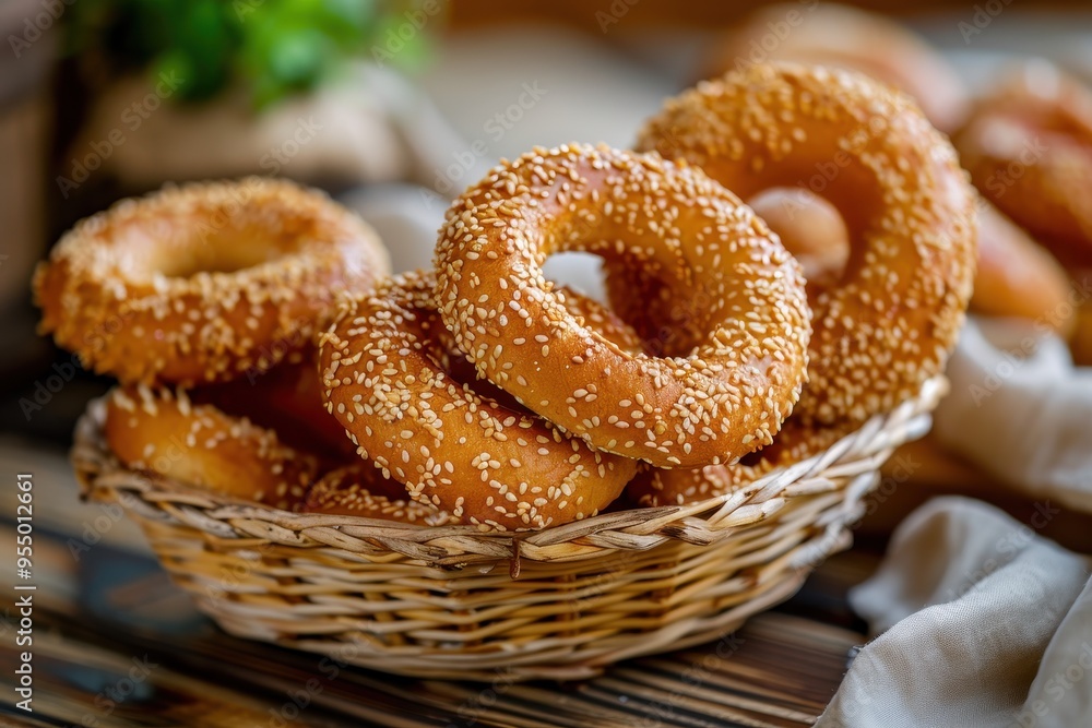 A serving of koulouri, sesame-coated bread rings arranged in a basket, perfect for a traditional Greek breakfast A serving of koulouri, sesame-coated bread rings arranged in a basket, perfect for a traditional Greek breakfast