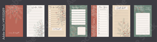 Holidays planner page template set, hand drawn leaves background collection, christmas  and new year organizer layout design illustrations