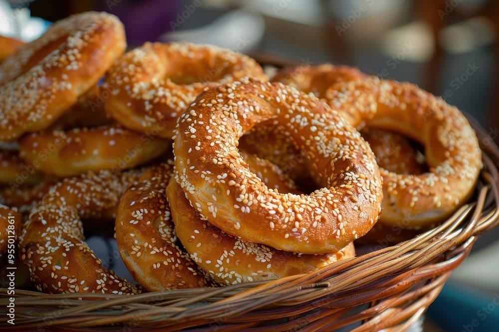A serving of koulouri, sesame-coated bread rings arranged in a basket, perfect for a traditional Greek breakfast A serving of koulouri, sesame-coated bread rings arranged in a basket, perfect for a traditional Greek breakfast