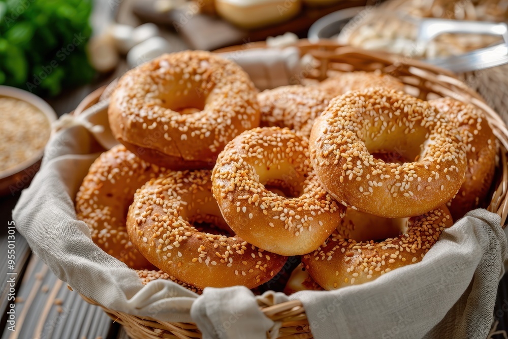 A serving of koulouri, sesame-coated bread rings arranged in a basket, perfect for a traditional Greek breakfast A serving of koulouri, sesame-coated bread rings arranged in a basket, perfect for a traditional Greek breakfast