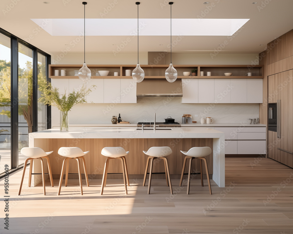 Modern Minimalistic Open-Concept Kitchen with Skylight and Wooden Accents Modern Minimalistic Open-Concept Kitchen with Skylight and Wooden Accents
