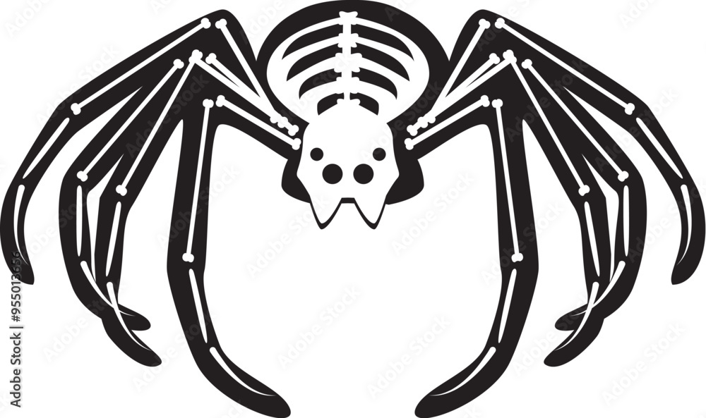 Fototapeta premium Silhouette Halloween huge spider with roentgen skeleton bones, fairy tale creepy character. Scary shadow outline of huge spider. Simple black and white Vector isolated on white background