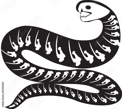 Silhouette Halloween poisonous aggressive snake with roentgen skeleton bones, fairy tale creepy character. Scary shadow outline of snake. Simple black and white Vector isolated on white background
