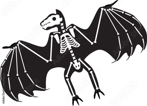 Silhouette Halloween winged vampire with roentgen skeleton bones, fairy tale creepy character. Scary shadow outline of winged vampire. Simple black and white Vector isolated on white background