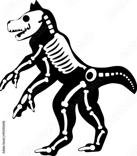 Silhouette Halloween cruel werewolf with roentgen skeleton bones, fairy tale creepy character. Scary shadow outline of cruel werewolf. Simple black and white Vector isolated on white background