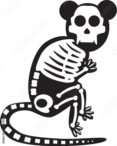 Silhouette Halloween little mouse with roentgen skeleton bones, fairy tale creepy character. Scary shadow outline of little mouse. Simple black and white Vector isolated on white background