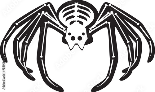 Silhouette Halloween huge spider with roentgen skeleton bones, fairy tale creepy character. Scary shadow outline of huge spider. Simple black and white Vector isolated on white background