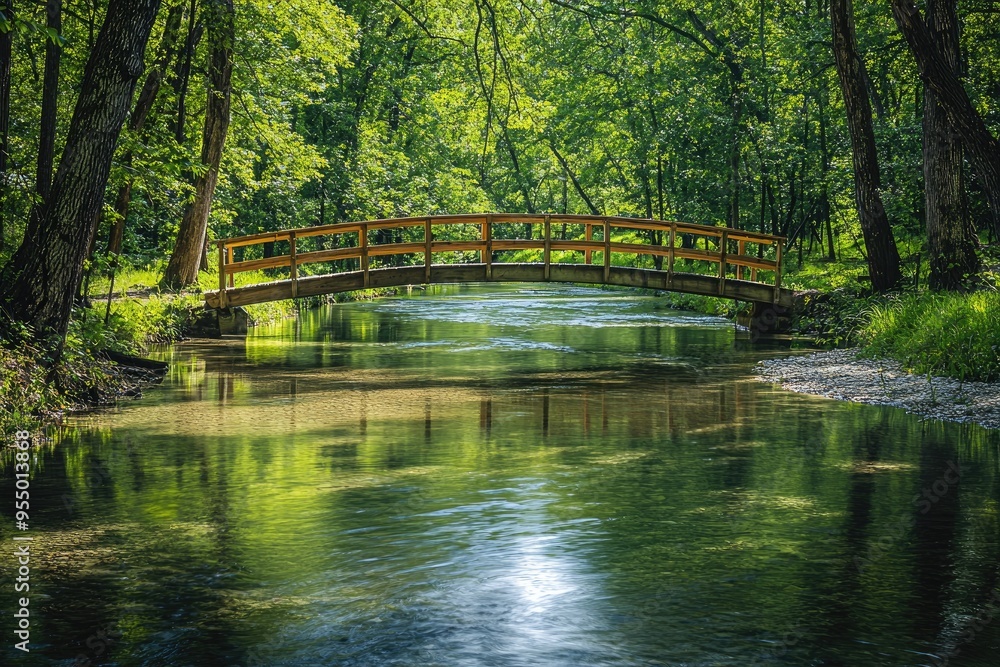 Fototapeta premium A clear creek with tree reflections crossed by a wooden footbridge in a county area