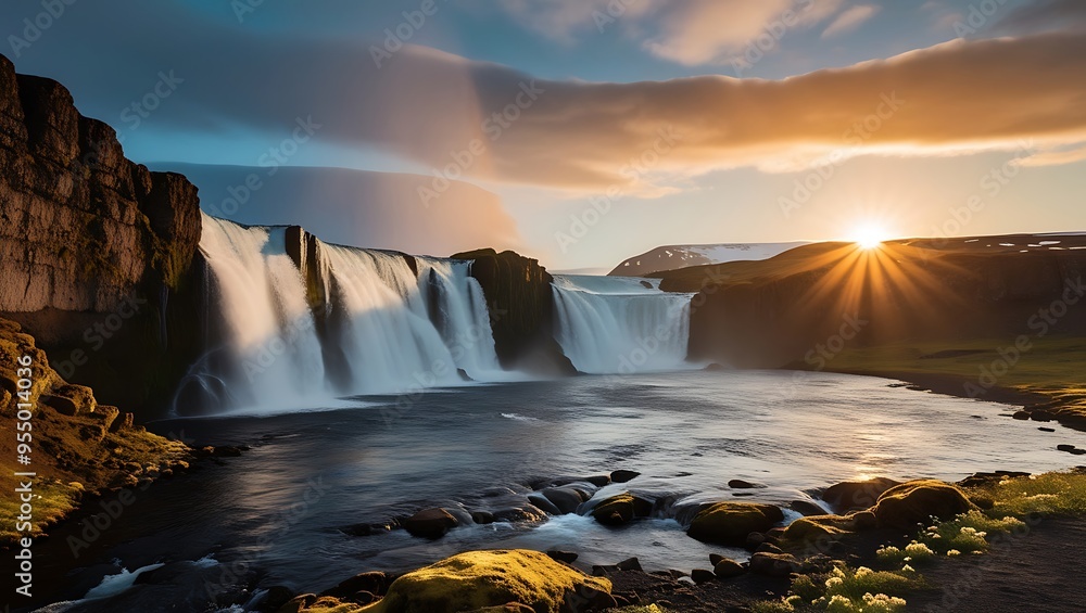 Fototapeta premium Experience the enchanting beauty of Iceland with this breathtaking photograph of a powerful waterfall under the mesmerizing glow of the midnight sun.