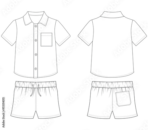 baby boys short sleeve shirt and shorts resort wear set fashion flat sketch vector illustration vector template with front and back view,