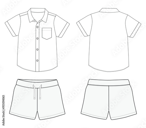 baby boys short sleeve shirt and shorts resort wear set fashion flat sketch vector illustration vector template with front and back view,