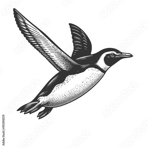 penguin in flight, capturing a whimsical and detailed portrayal of this unique bird sketch engraving generative ai vector illustration. Scratch board imitation. Black and white image.