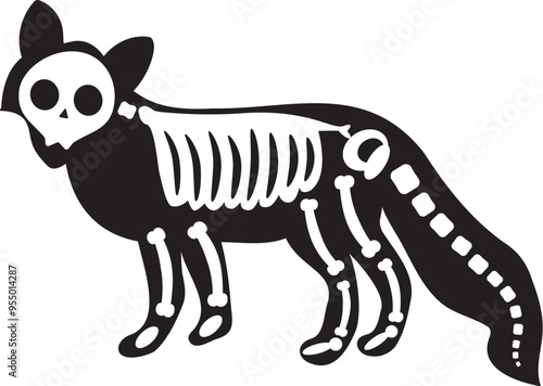 Silhouette Halloween curious fox animal with roentgen skeleton bones, fairy tale creepy character. Scary shadow outline of curious fox. Simple black and white Vector isolated on white background