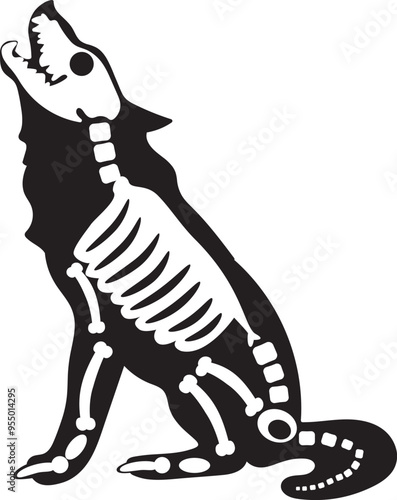 Silhouette Halloween wolf howls at moon with roentgen skeleton bones, fairy tale creepy character. Scary shadow outline of wolf howls moon. Simple black and white Vector isolated on white background