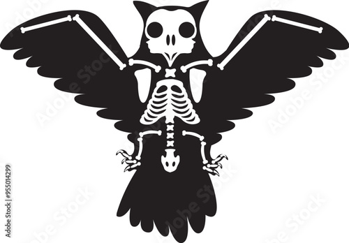 Silhouette Halloween flying eagle owl with roentgen skeleton bones, fairy tale creepy character. Scary shadow outline of flying eagle owl. Simple black and white Vector isolated on white background