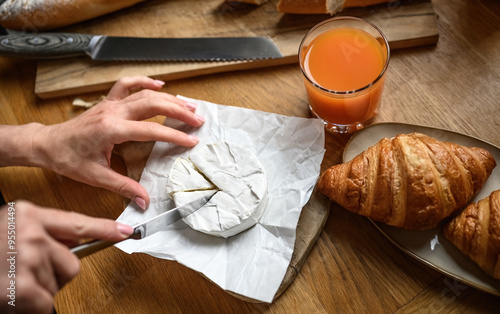 French breakfast with croissants and brie cheese photo