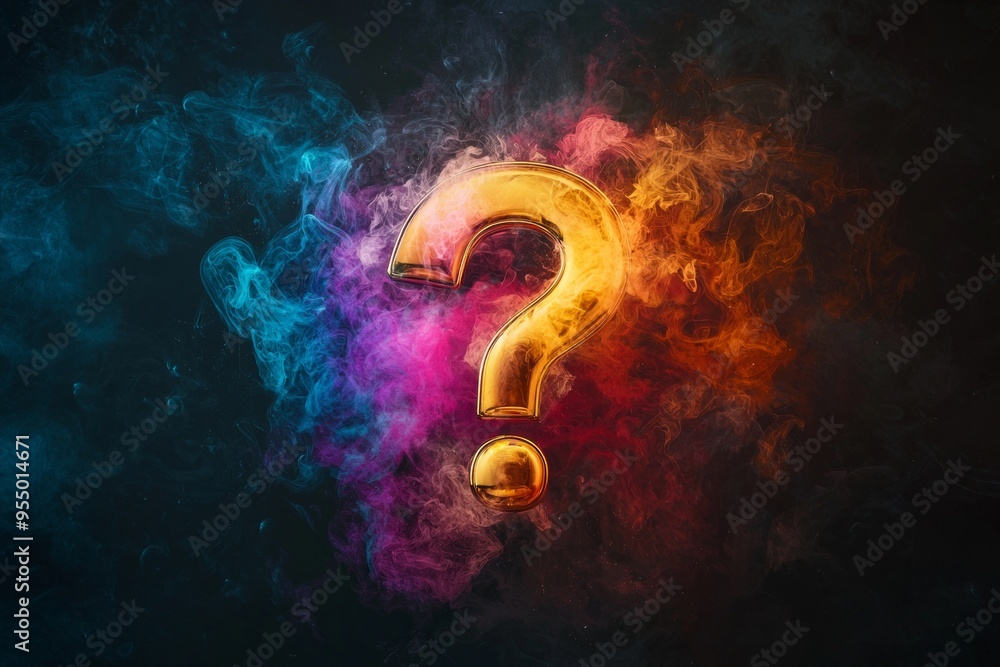 A chrome question mark icon surrounded by swirling colorful mist, illuminated by a warm golden spotlight against a black background. A chrome question mark icon surrounded by swirling colorful mist, illuminated by a warm golden spotlight against a black background.