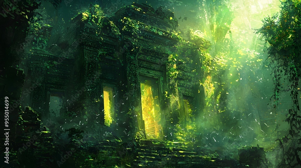 Obraz premium Overgrown Ancient Jungle Temple Ruins in Enchanted Ethereal Atmosphere