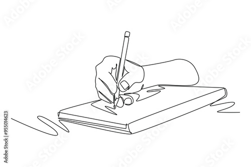 Continuous one line drawing of student school or collage hand gesture writing on an open note book to write business draft. Write business diary concept. Single line design vector graphic illustration