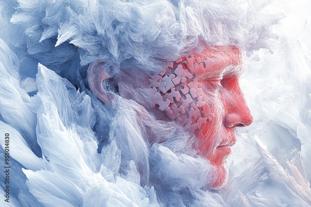 Obraz premium ALS Insight Abstract art of an elderly man with a cracked face and digital visuals symbolizing the fragility of memory and the impact of time on cognition