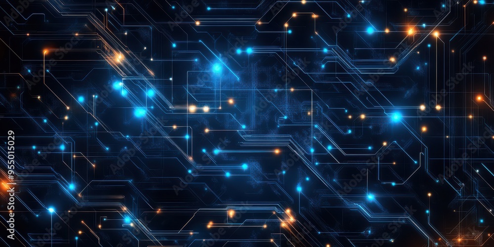 Abstract image of a digital circuit board with glowing blue and orange lights on a dark background Abstract image of a digital circuit board with glowing blue and orange lights on a dark background