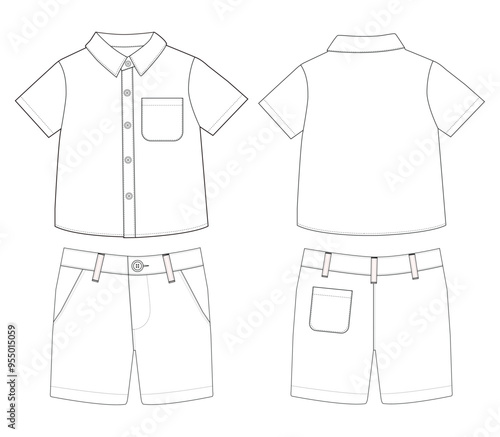 baby boys short sleeve shirt and shorts resort wear set fashion flat sketch vector illustration vector template with front and back view,