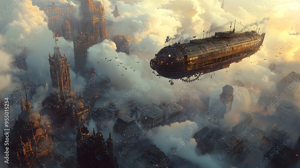 Majestic Airship Soaring Over Futuristic Steampunk City in the Sky Majestic Airship Soaring Over Futuristic Steampunk City in the Sky