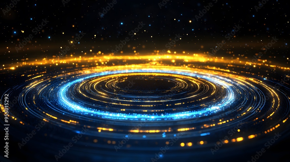 Fototapeta premium Technology yellow and blue circle light stage on black background
