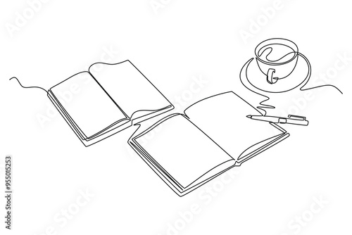 Single continuous line drawing of hand gesture writing on an open book beside a cup of coffee at work desk. Writing draft business concept. Dynamic one line draw graphic design vector illustration