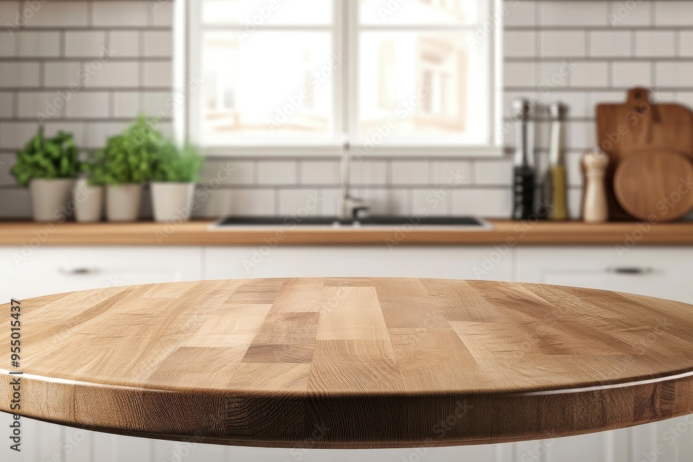 Empty beautiful round wood tabletop counter on interior in clean and bright kitchen background, Ready for display, Banner, for product montage , ai Empty beautiful round wood tabletop counter on interior in clean and bright kitchen background, Ready for display, Banner, for product montage , ai