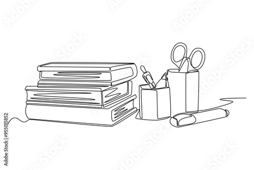 Single one line drawing of pencil case containing writing utensils or stationery next to a pile of textbooks. Back to school or college concept. Continuous line draw design graphic vector illustration