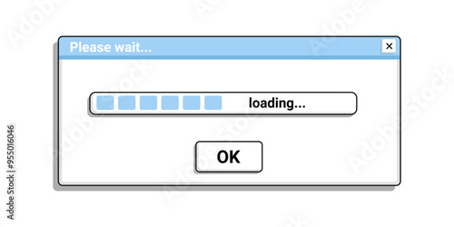 Loading data window with progress in old style. Installation pop up on screen. Setup program on desktop.