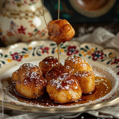 A serving of loukoumades, Greek honey puffs drizzled with honey and sprinkled with cinnamon, served on a decorative plate photo