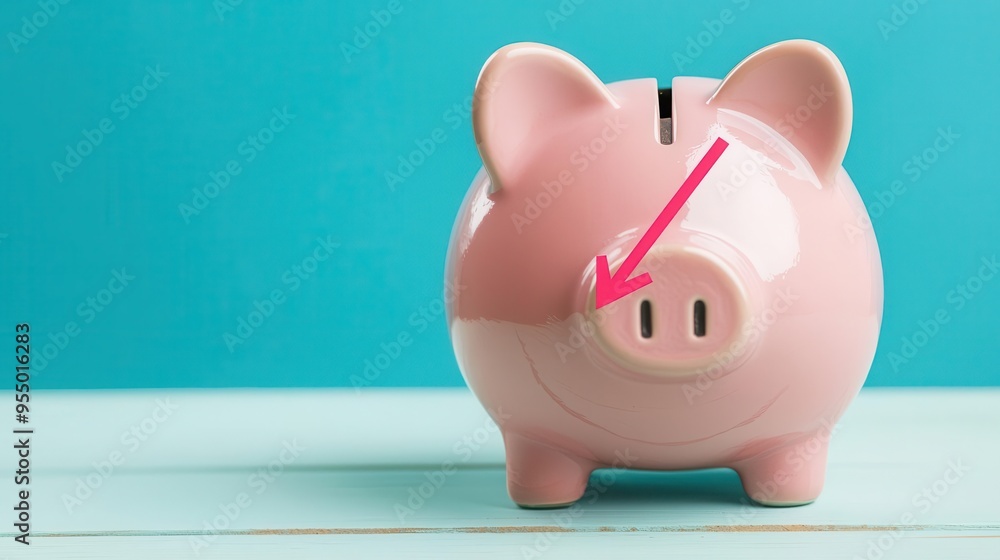 Piggy bank with a downward arrow symbolizing reduced interest earnings Piggy bank with a downward arrow symbolizing reduced interest earnings