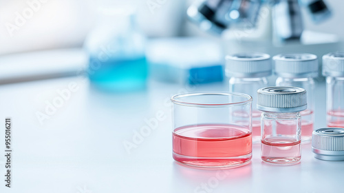 Open petri dish with red gel in front of stacked petri dishes in laboratory, medical, biology or biotechnology science research concept background