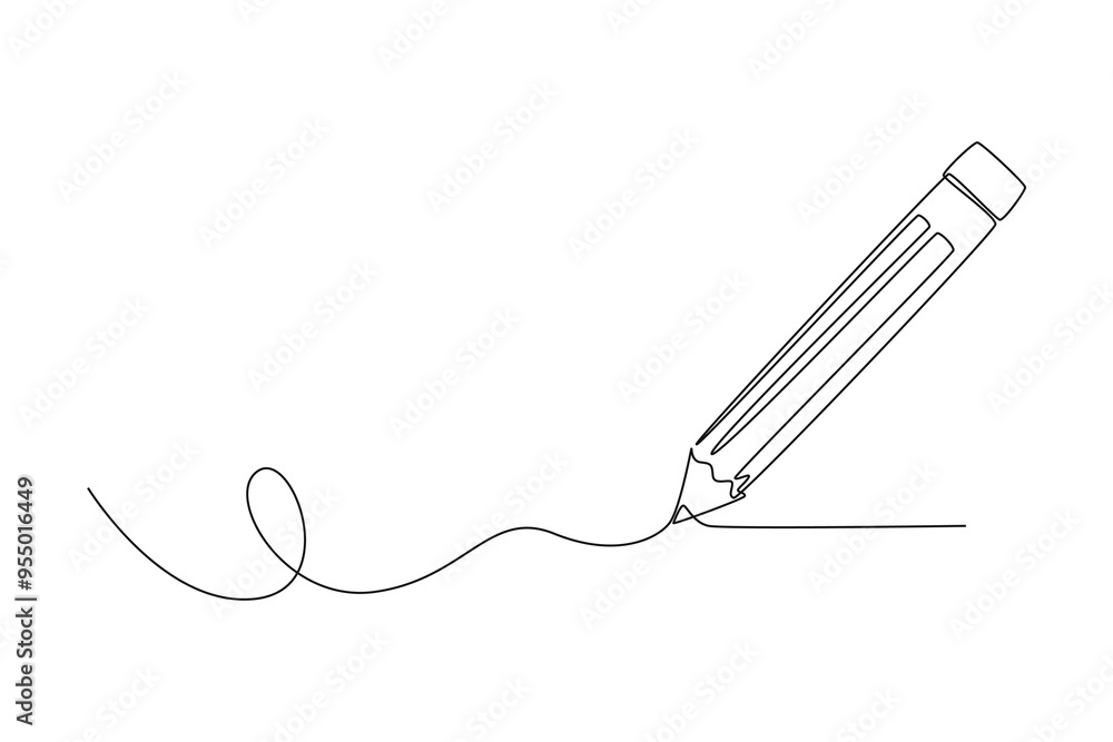 Single one line drawing wooden pencil for writing on paper book. Back to school or college concept. Education knowledge learning for all. Modern continuous line draw design graphic vector illustration Single one line drawing wooden pencil for writing on paper book. Back to school or college concept. Education knowledge learning for all. Modern continuous line draw design graphic vector illustration