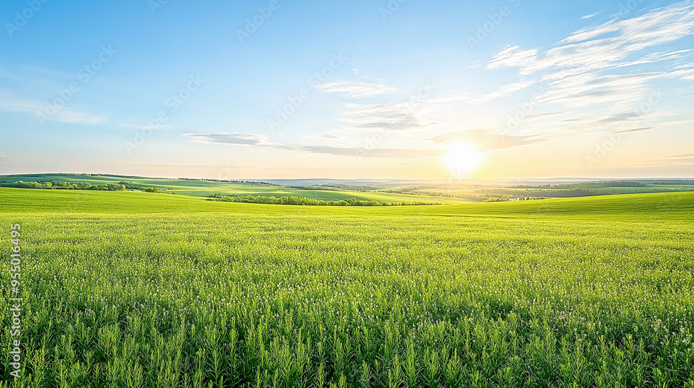 Obraz premium Panoramic landscape view of the Sturgeon River Valley with canola crops in full bloom at sunset