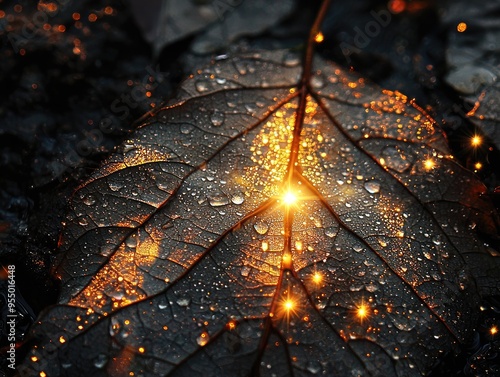 Starlight reflects on dewcovered leaves forming a captivating morning trail photo