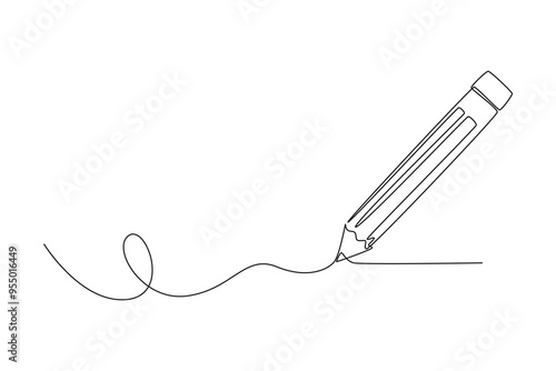 Single one line drawing wooden pencil for writing on paper book. Back to school or college concept. Education knowledge learning for all. Modern continuous line draw design graphic vector illustration