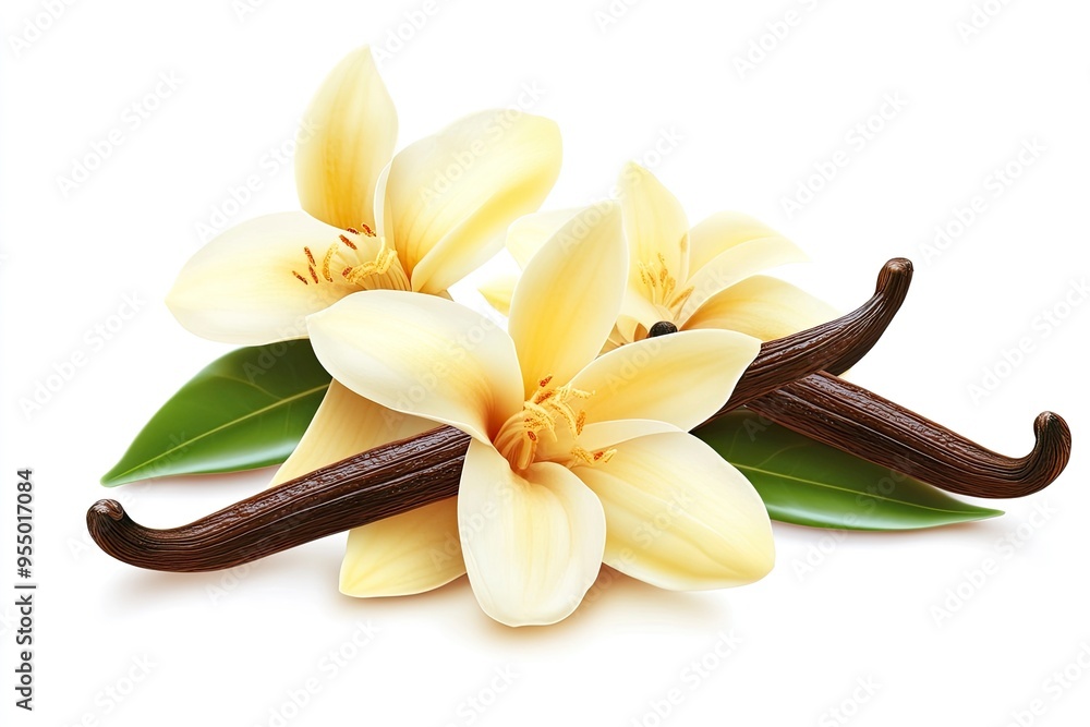 Vanilla flower and pods with leaves isolated on a white background . ai Vanilla flower and pods with leaves isolated on a white background . ai