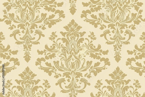 A classic damask pattern in a subdued shade of cream on a pale gold background, radiating timeless elegance