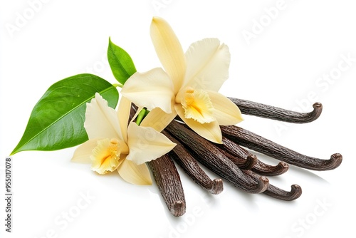Vanilla flower and pods with leaves isolated on a white background . ai