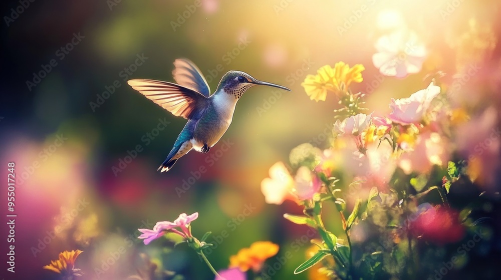 Naklejka premium Hummingbird in Flight with Flowers